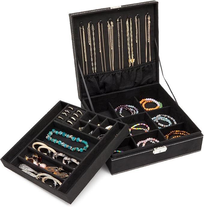 Juvale Jewelry Box for Men - 10.5 x 10.5 x 3.5 in, Black Velvet - Locking 2-Layer Travel Jewelry Organizer & Earring Holder, 
