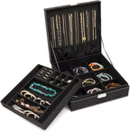 Juvale Jewelry Box for Men - 10.5 x 10.5 x 3.5 in, Black Velvet - Locking 2-Layer Travel Jewelry Organizer & Earring Holder, 