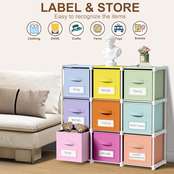 Geelin 9 Cube Toy Storage Organizer with Fabric Bins and Labels, 11 Inch Collapsible Colorful Cubby Storage Drawers Pastel Dr