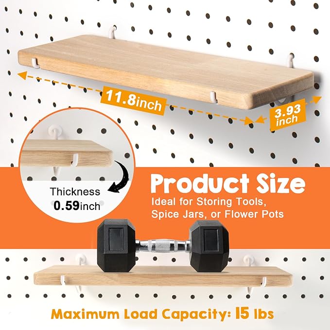 Solid Wood Pegboard Shelf, High Balance and No tilt, Pegboard Accessories, Wooden Pegboard Shelves for 1/4" Metal Pegboard, 2