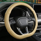Cxtiy D Shaped Steering Wheel Cover, Genuine Leather Flat Bottom Stearing Wheel Cover Luxury Car Accessories 14 1/2-15 inch (Beige)