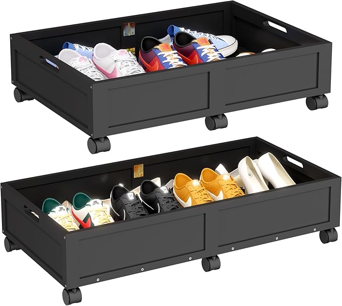 Wood Under Bed Storage Containers Underbed Organizer with Wheels Sturdy Wood Rolling Under Bed Shoe Storage Organizer 2 Packs