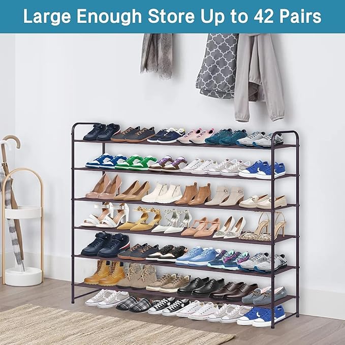KIMBORA 6 Tier Long Shoe Rack for Closet, Wide Closet Shoe Organizer Storage Sturdy Sneaker Shelf for Floor, Bedroom 42 Pairs