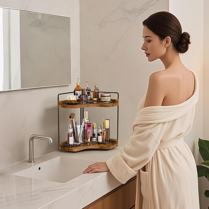 2-Tier Corner Bathroom Counter Organizer with Embedded Screw Holes, Secure & Stable Wood Vanity Shelf for Makeup and Skincare