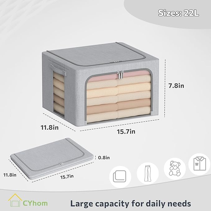 CYhom Clothes Storage Bins Box - Foldable Stackable Container Organizer Set with Clear Window & Carry Handles & Metal Frame -