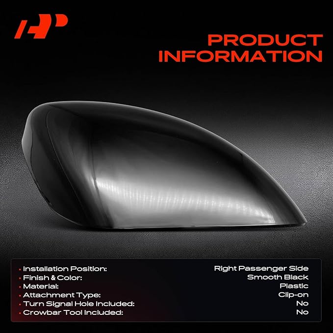 A-Premium Passenger Side Rearview Mirror Cover Cap - Compatible with Nissan Altima 2013-2018 - Smooth Black, Without Turn Signal Hole