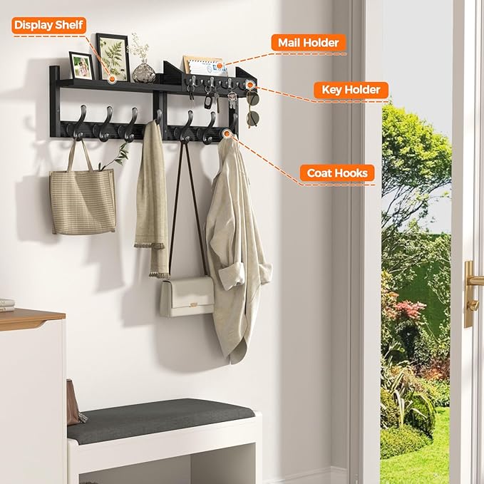 Evermagin 29" Coat Rack Wall Mount with Shelf, 4 in 1 Coat and Key Hanger with 11 Metal Hooks, Entryway Wall Mounted Shelf wi