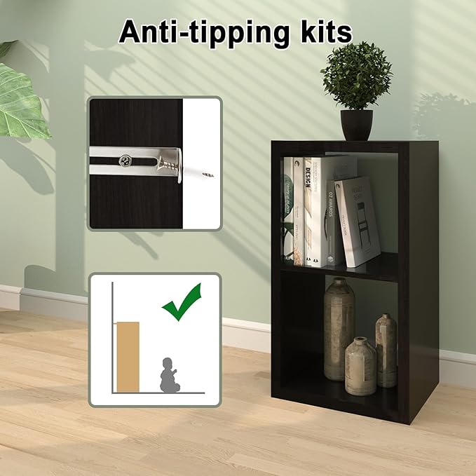 CTESNE【2026 Wooden Thick Frame 2 Cube Storage Organizer Shelf with Anti-Tipping Kits + Reversible Open Back Bookcase, Horizon