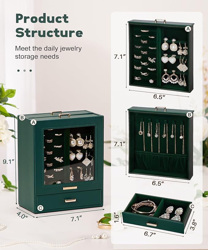 Homde Jewelry Organizer Girls Women Jewelry Box for Necklaces Rings Earrings Gift Bracelets Storage Case (Forest Green + Gold