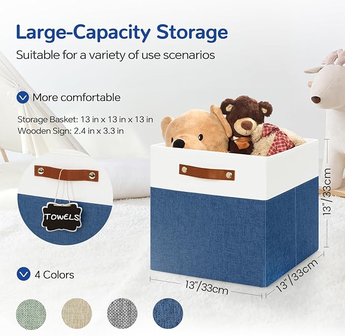 13x13 Storage Cubes 4-Pack, Large Foldable Fabric Cube Storage Bin with Reinforced Bottom and Labels, Organizer Baskets for S