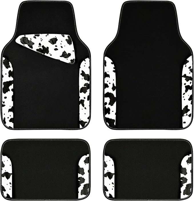 CAR PASS Waterproof Universal Fit Car Floor Mats, Cow Print Car Mats Fit for SUV,Vans,sedans, Trucks,Set of 4pcs Car Carpet w