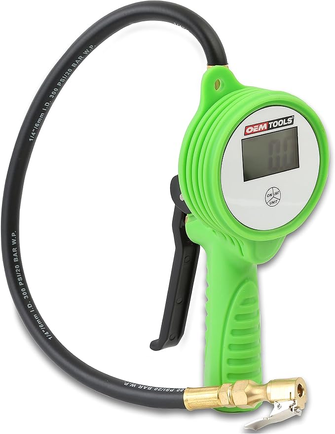 OEMTOOLS 24412 Digital Tire Inflator with Tire Pressure Gauge, Digital LCD Display, 0 to 175 PSI Air Pressure Gauge for Tires with 21” Hose and Clip-On Air Chuck