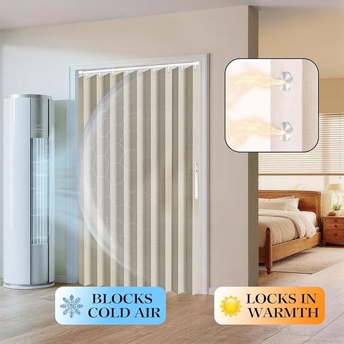 Jilron 100% Blackout Fabric Folding Door Curtain with Magnetic Closure - Accordion Style for Sliding Doors, Closets,Wardrobe 