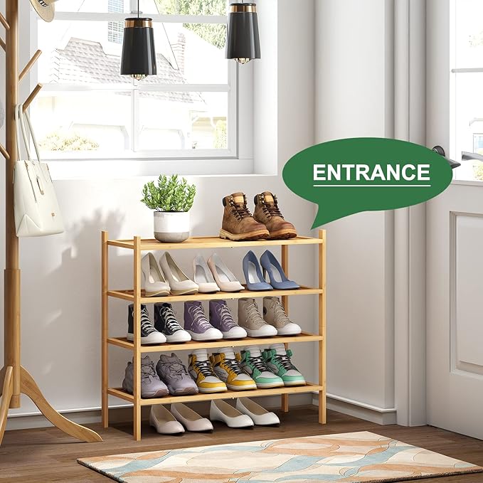 kiplant 4-Tier Shoe Rack for Entryway, Bamboo Wood Shoe Rack 4-Tier, Stackable Shoe Organizer for Closet, Free Standing Shoe 