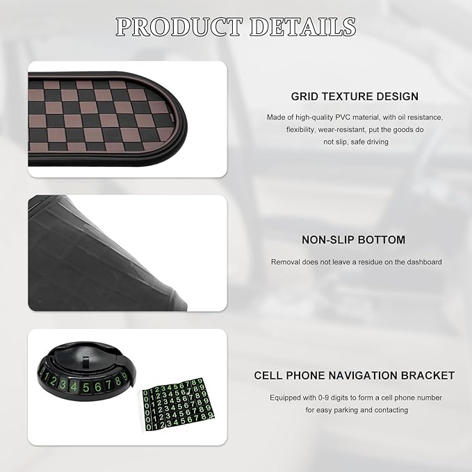 Multifunction Car Anti-Slip Mat, Anti Skid Dashboard Pad Rotatable Phone Holder w/Temporary Parking Number, Universal Auto Ce