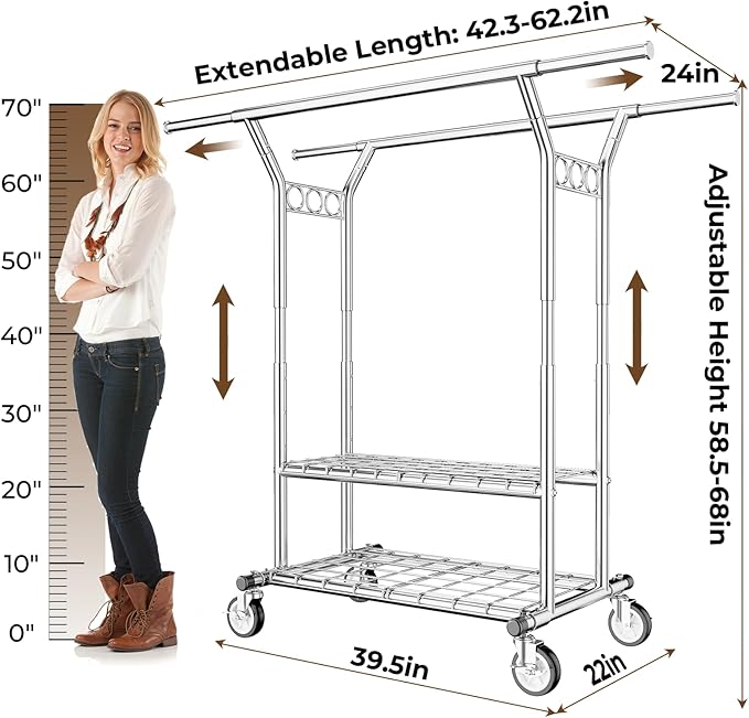 HYSEYY Heavy Duty Clothes Rack, Rolling Clothing Rack With Shelves Load 620 LBS, Double Rod Clothing Racks for Hanging Clothe