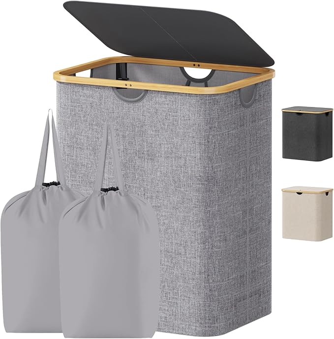 Lifewit 120L Laundry Basket with Lid, Clothes Hampers for Laundry with Bamboo Handles and 1 Removable Bag, Large Foldable Lau