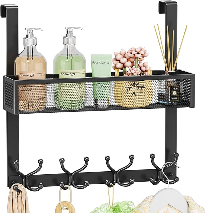 SWTYMIKI Over The Door Hook with 16 Hooks & Mesh Baskets - Heavy Duty Over The Door Organizer Hanger for Towels, Coats, Cloth