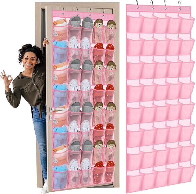 Windyun 40 Over the Door Shoe Organizer Large Breathable Mesh Pockets Pink Hanging Shoe Rack for Closet Behind Door Hanger St