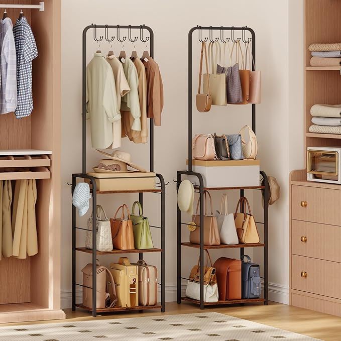 Floor-Standing Purse Organizer for Closet with 5 Hangers & 6 Side Hooks, Tall Purse Rack Stand for Purse Storage, High-Capaci