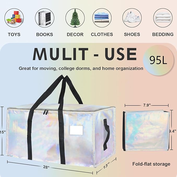 12 Pack-Extra Large Heavy Duty Moving Bags - Waterproof Storage Totes with Handles & Zippers, Foldable for College Dorm, Stor