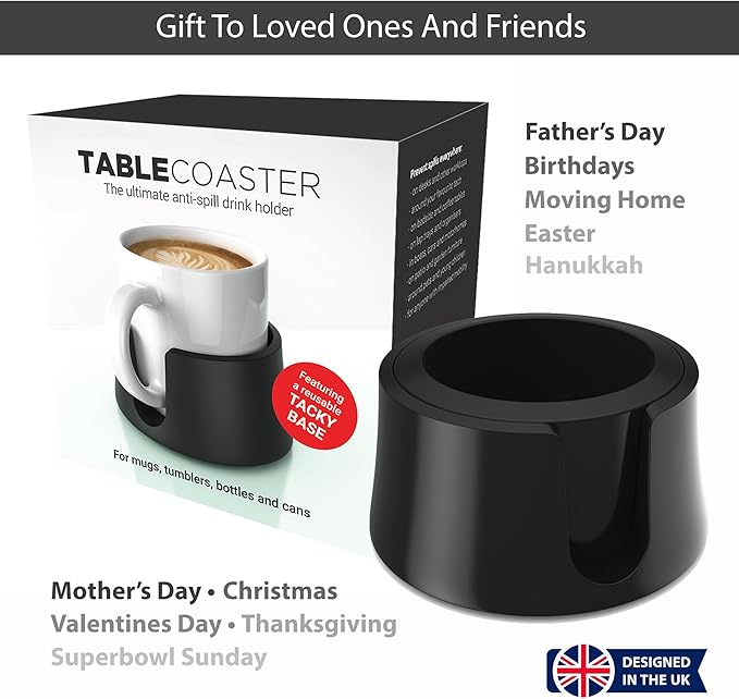 HIT PRODUCTS TableCoaster - Original Anti-Spill Table and Desk Cup Holder, Jet Black - RV and Boat Drink Holder, A Tip-Proof 