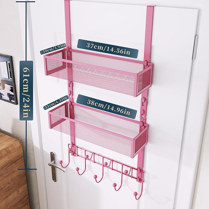 Consumest Over The Door Hooks Organizer - Extra Long Door Hanger with 9 Coat Hooks & 2 Mesh Basket, Back Storage Organizer Ha