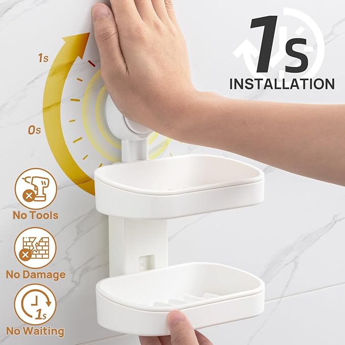 LEVERLOC Soap Dish Holder for Shower, Double Layer Suction Cup Wall Mounte Self Draining Removable Waterproof Strong Suction 