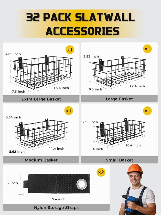 AZUNO 32Pcs Slatwall Accessories Set with 4 Slatwall Baskets & 26 Multi-Sized Slatwall Hooks and 2 Heavy-Duty Storage Straps 