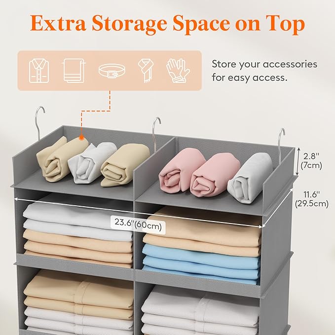 Lifewit Dual-Row Shelf Hanging Closet Organizer and Storage, Clothes Shelves with 3 Sturdy Hooks for Clothing Organization, F