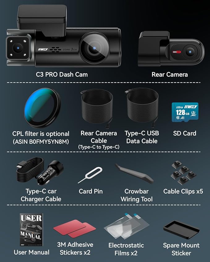 IIWEY 4K Dash Cam 3 Channel, Triple STARVIS 2 Sensors (IMX678 Front, IMX675 Cabin & Rear), 4K+2K+1080P HDR, Night Vision 3.0,