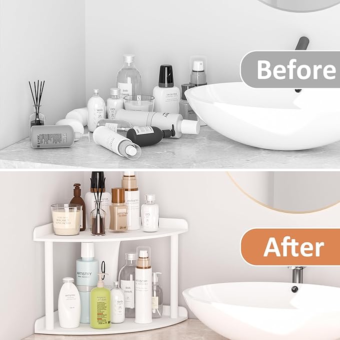 Sezanrpt 2 Tier Acrylic Corner Shelf Organizer Storage 9.5x9.5x8 Inch, White Countertop Corner Shelf for Bathroom, Kitchen, B