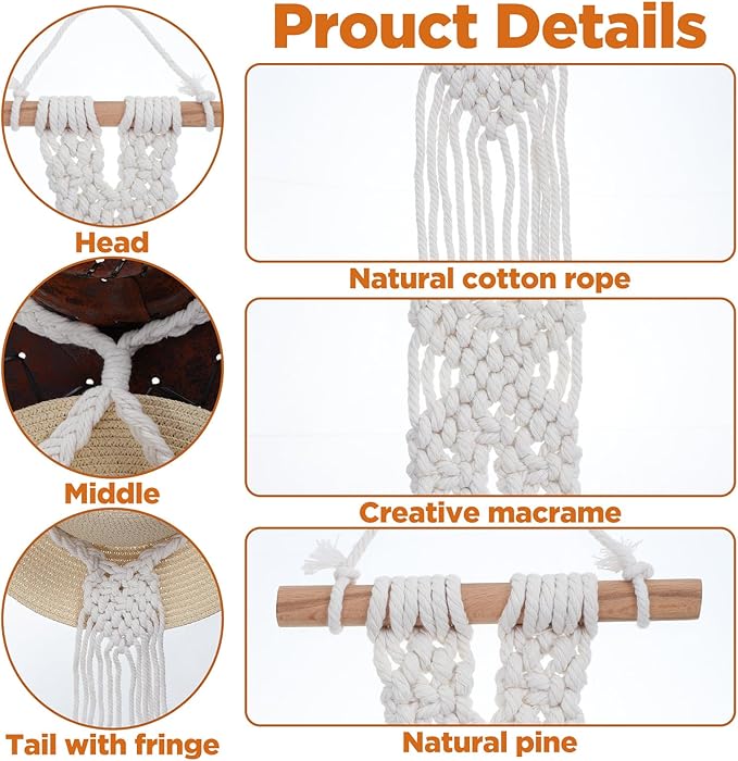 3 PCS Macrame Hat Hangers for Wall, Bohemian Hand Weaving Boho Hat Rack Organizer for Cowboy, Wide Brim, Bowler & Fedora Hats