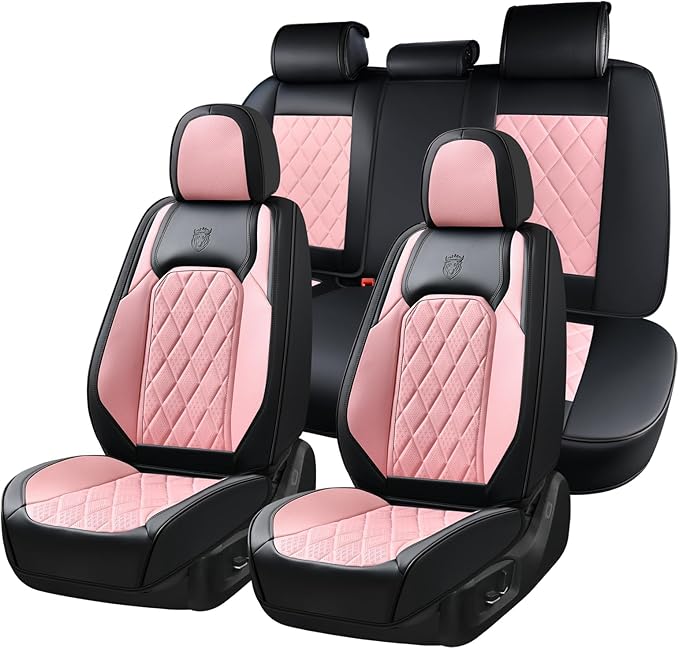 Coverado Leather Seat Covers, Car Seat Covers Full Set, Waterproof Faux Leather Pink & Black Seat Covers, Car Seat Protectors