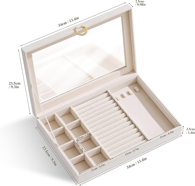 bussdis Glass Lid Jewelry Organizer Box – Beige Velvet Jewelry Case with Ring Slots, Necklace Hooks & Removable Compartments 