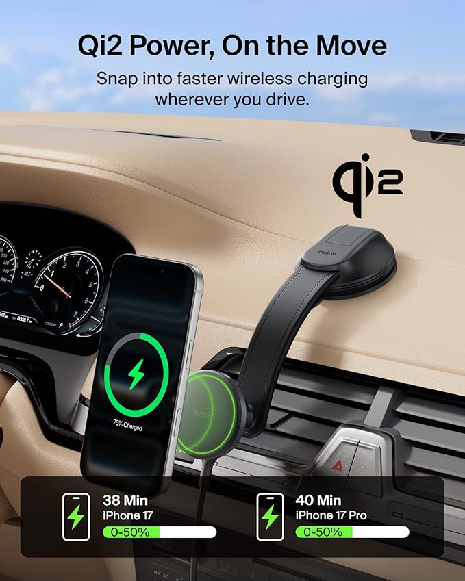 Belkin Wireless Car Charger, MagSafe Phone Holder & Car Dash Mount w/ 1M USB C Cable, Qi2 MagSafe Compatible Fast Charging iPhone Charger for iPhone 17, Galaxy S25, Pixel 10, Road Travelers, Black