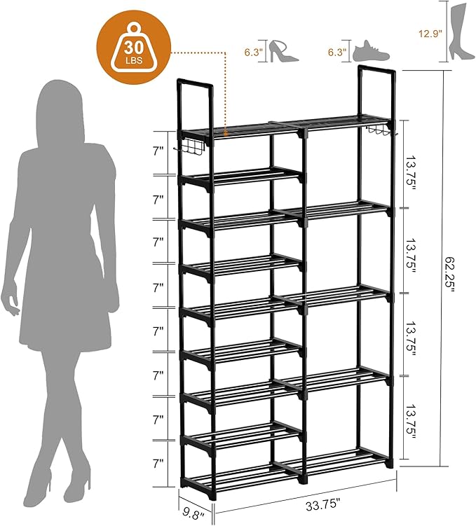 WOWLIVE 9 Tiers Shoe Rack Shoe Storage Shoe Organizer 30-35 Pairs Shoe Tower Unit Shelf Durable Metal Pipes with Plastic Conn