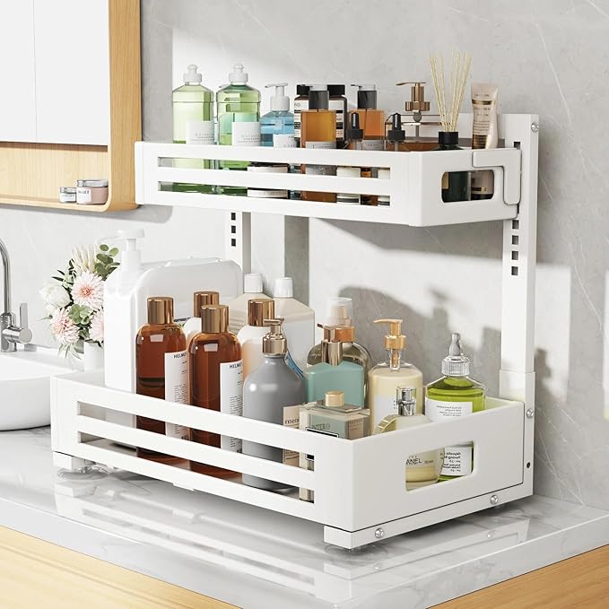 2 Pack 17IN-Depth Under Sink Organizer,Pull Out Cabinet Organizer With Smooth Cylindrical Rail,Metal Slide Out Drawer for Kit