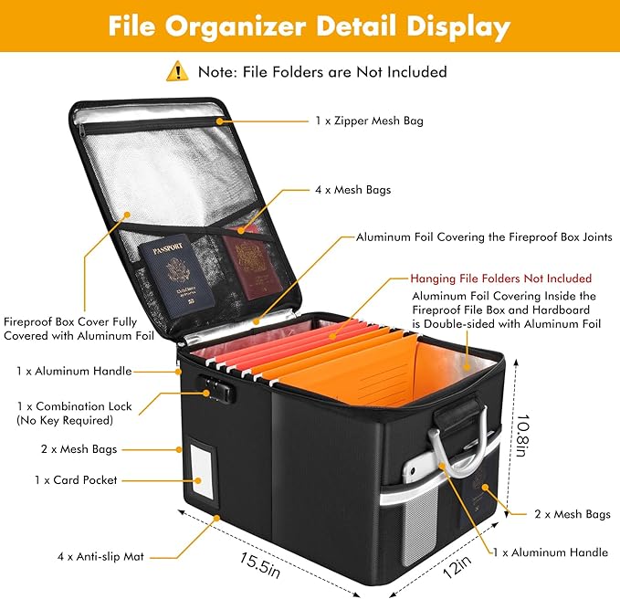 TOMKID Fireproof File Cabinet with Lock, Fireproof Document Organizer Collapsible File Box Filing Cabinet with Handle for Let