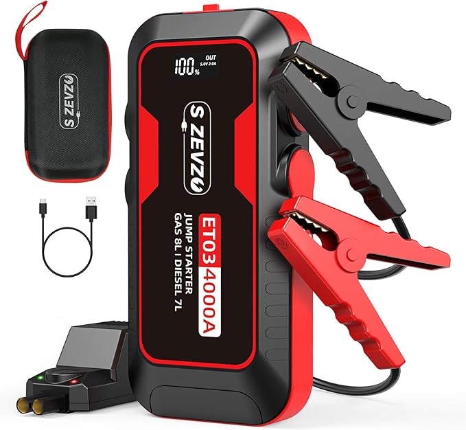 S ZEVZO ET03 Car Jump Starter 4000A Jump Starter Battery Pack for Up to 8.0L Gas and 7.0L Diesel Engines, 74Wh Portable 12V