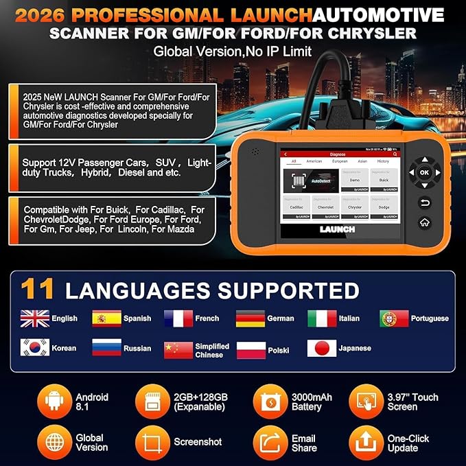 LAUNCH X431 Creader Elite 2.0 FGC OBD2 Scanner,ECU Code, Bi-Directional Scan Tool for Ford, for GM, for Chrysler,100+ Reset,