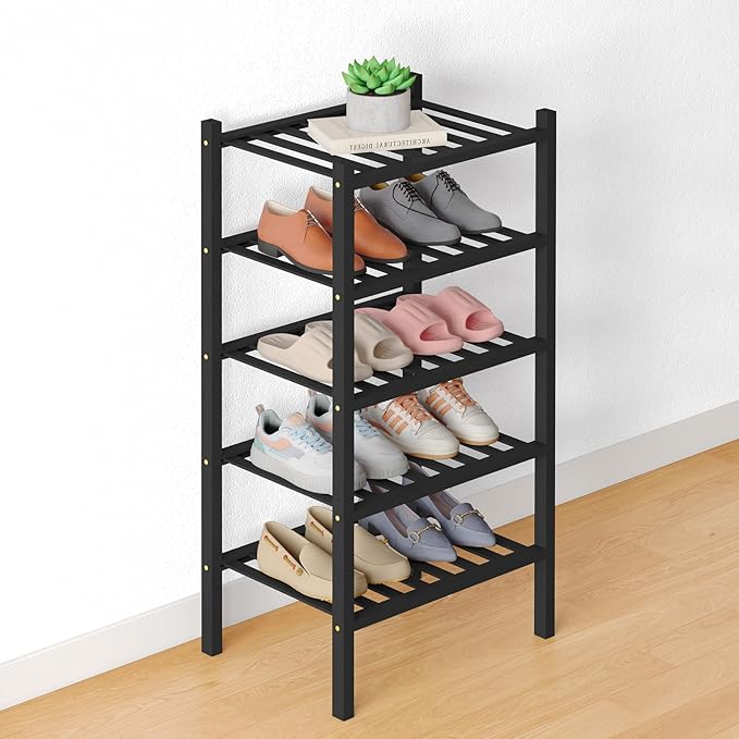 Smiry Bamboo Shoe Rack for Closet, 5 Tier Small Wooden Stackable Shoe Organizer, Free Standing Shoes Storage Shelf for Entryw