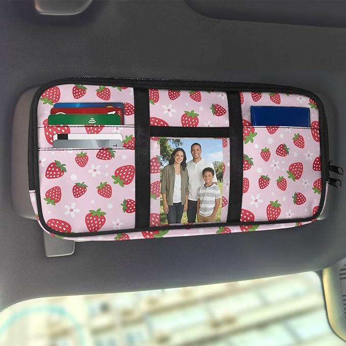 Pink Strawberry Car Sun Visor Organizer with Card Holder Car Visor Organizer Fashion Cars Accessories Easy to Store for Cars, SUVs & Trucks