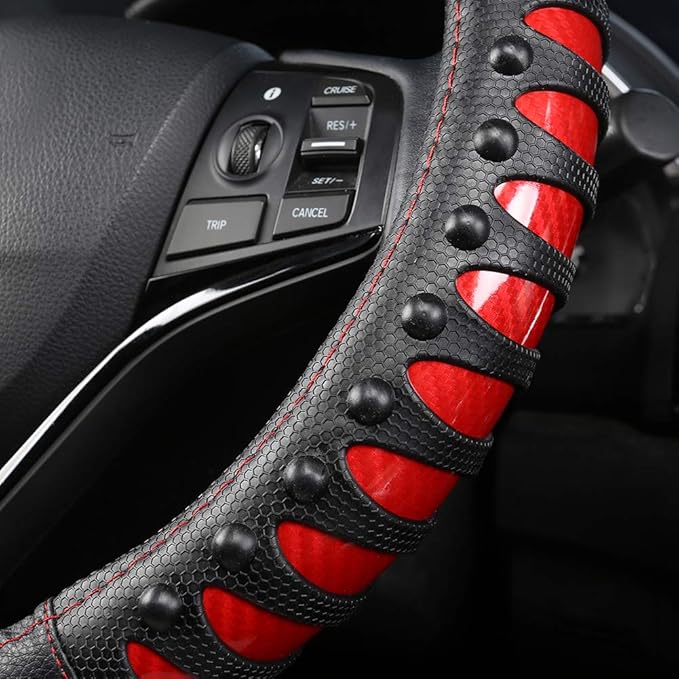 West Llama Microfiber Leather Car Steering Wheel Cover for Men Women,Universal Fit 14.5-15 inch(Leather Nails-Red+Black-Stand
