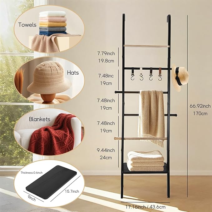 Wooden Ladder with Shelf for Decor, 6-Tier Decor Ladder with Non-Slip Mat & Hooks, Farmhouse Style Leaning Wall Display Holde