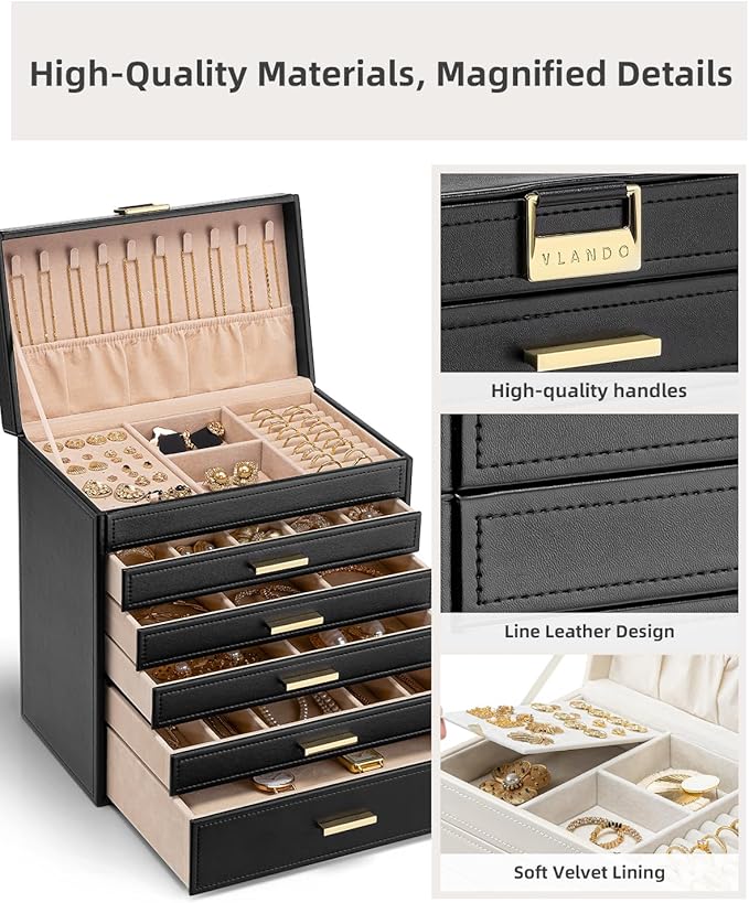 Vlando 6 Layer Large Jewelry Box - Jewelry Holder Organizer, Jewelry Box Organizer for Drawer Necklace Ring Bracelet and Watc