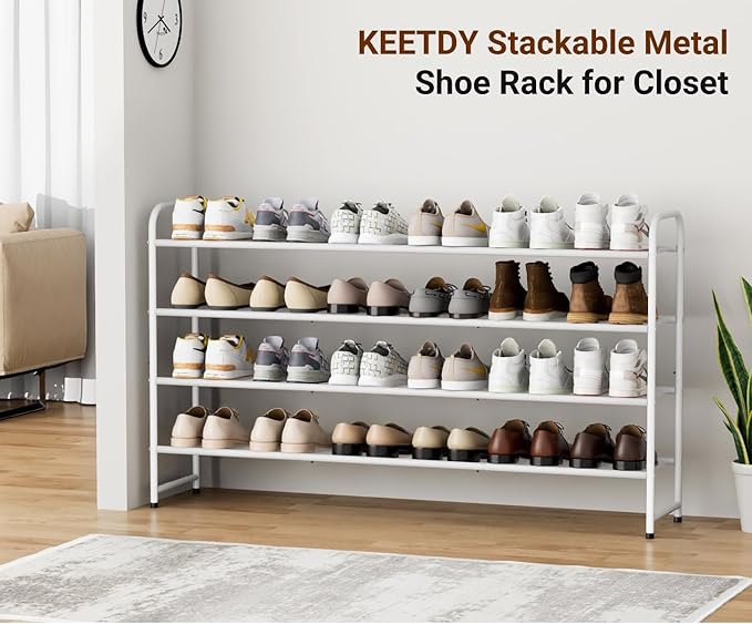 KEETDY 4-Tier Long Shoe Rack for Closet Floor, Wide Shoe Organizer Storage, Stackable Shoe Rack for Entryway Metal Shoe Shelf