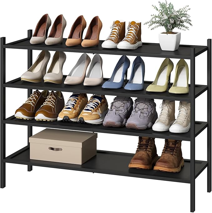 kiplant Black 4-Tier Bamboo Wood Shoe Rack, Stackable for Closet, Entryway & Hallway