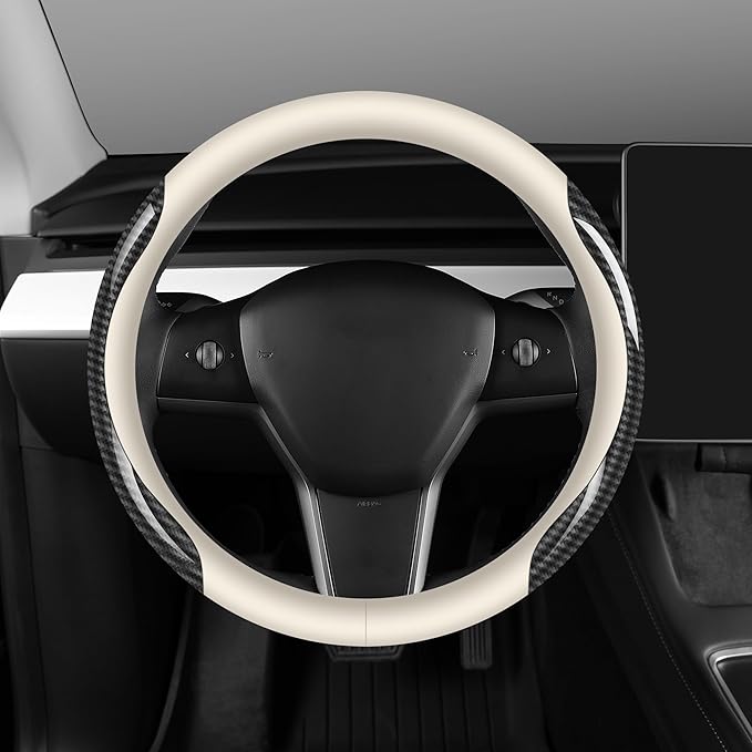 Nappa Leather car Steering Wheel Cover,Carbon Fiber Sports car Interior Non-Slip Ultrathin 15 inches Universal (White)