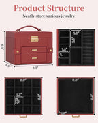 TORIBIO Jewelry Box for Women, Leather Jewelry Organizer with Mirror & Lock, 3-Tier Jewelry Storage Organizer with 2 Drawers 
